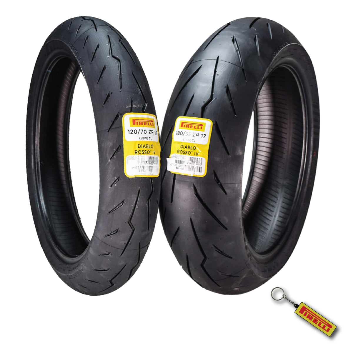 Pirelli Diablo Rosso IV 120/70 ZR 17 M/C Front & 180/55 ZR 17 M/C TL Rear Motorcycle Tire Set - High Performance, Durable for Super Sport Bikes with Keychain