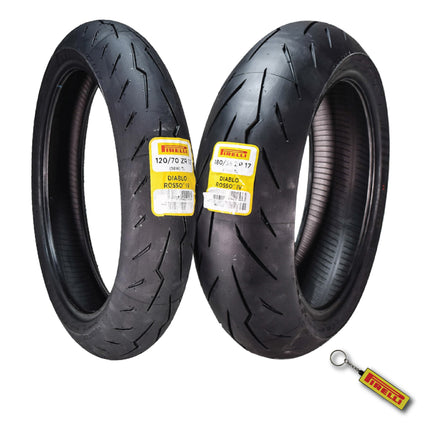 Pirelli Diablo Rosso IV 120/70 ZR 17 M/C Front & 180/55 ZR 17 M/C TL Rear Motorcycle Tire Set - High Performance, Durable for Super Sport Bikes with Keychain