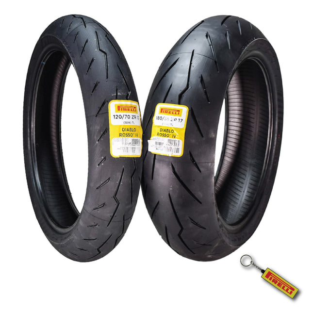 Pirelli Diablo Rosso IV 120/70 ZR 17 M/C Front & 180/55 ZR 17 M/C TL Rear Motorcycle Tire Set - High Performance, Durable for Super Sport Bikes with Keychain