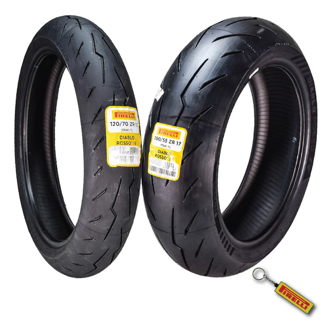 Pirelli Diablo Rosso IV: 120/70 ZR 17 M/C Front & 190/55 ZR 17 M/C TL Rear Motorcycle Tire Set - High Performance, Durable for Super Sport Bikes with Keychain
