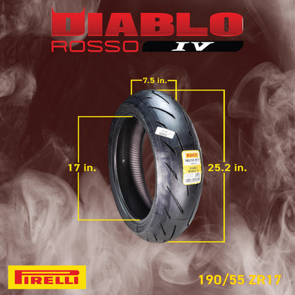 Pirelli Diablo Rosso IV 190/55-17 75W Rear Motorcycle Tire - High Performance, Durable, & Reliable Tire for Super Sport Bikes w/ Keychain