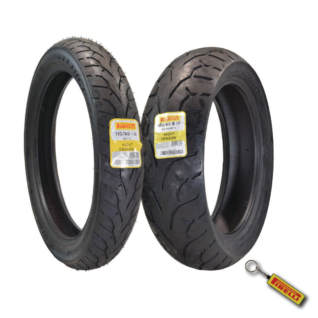 Pirelli Night Dragon Tire Set: 110/90-19 M/C 62H TL Front & 180/60B17 M/C 81H REINFTL Rear Cruiser Motorcycle Tires - Superior Traction & Handling w/Keychain