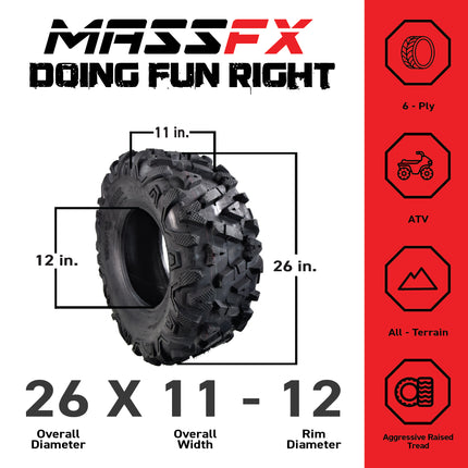 MASSFX 26x11-12 Rear Tire for ATV, UTV, and SxS - 6-Ply with 1/2" Tread Depth