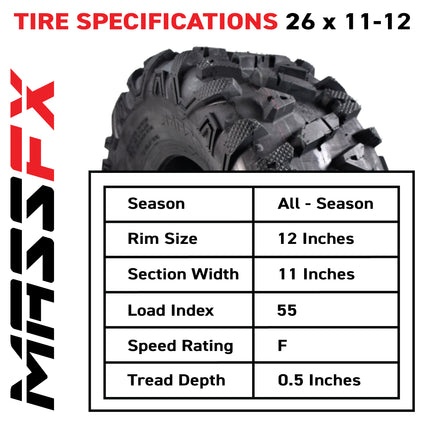 MASSFX 26x11-12 Rear Tires for ATV, UTV, & SxS-6-Ply w/ 1/2" Tread Depth (2-pk)