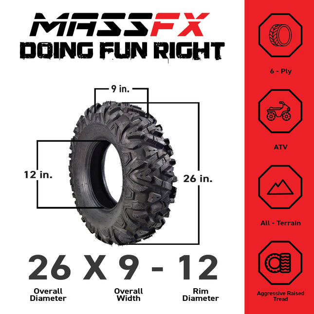 MASSFX 26x9-12 Front Tires for ATV, UTV, & SxS-6-Ply w/ 1/2" Tread Depth (2-pk)