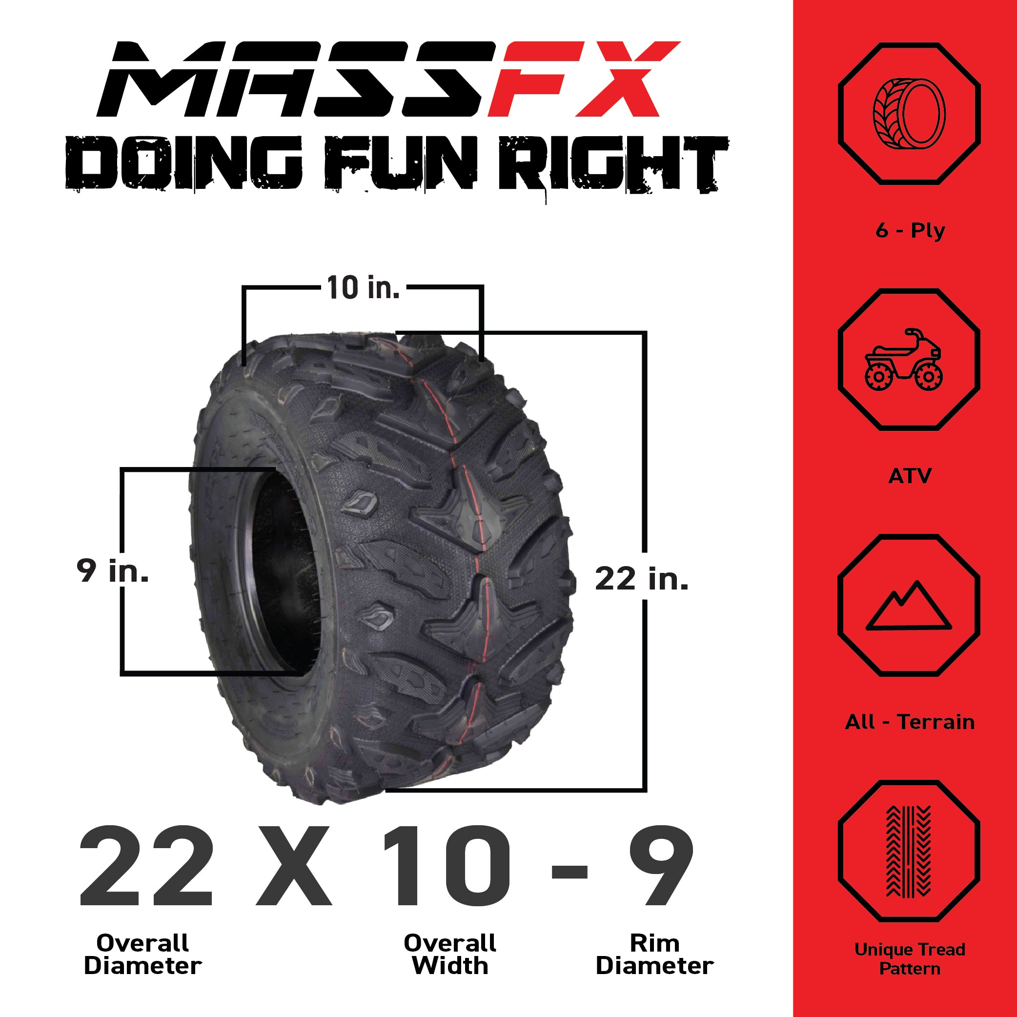 MASSFX Grinder 22x10-9 Rear ATV Tire 6 Ply for Soft/Hard Pack Ground (2 Pack)