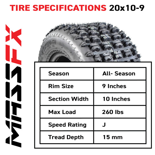MASSFX 20x10-9 Rear Tire for All-Terrain (ATV), Utility-Task (UTV), and Side-by-Side (SxS) Vehicles - 4-Ply with 15mm Tread Depth 20x10x9