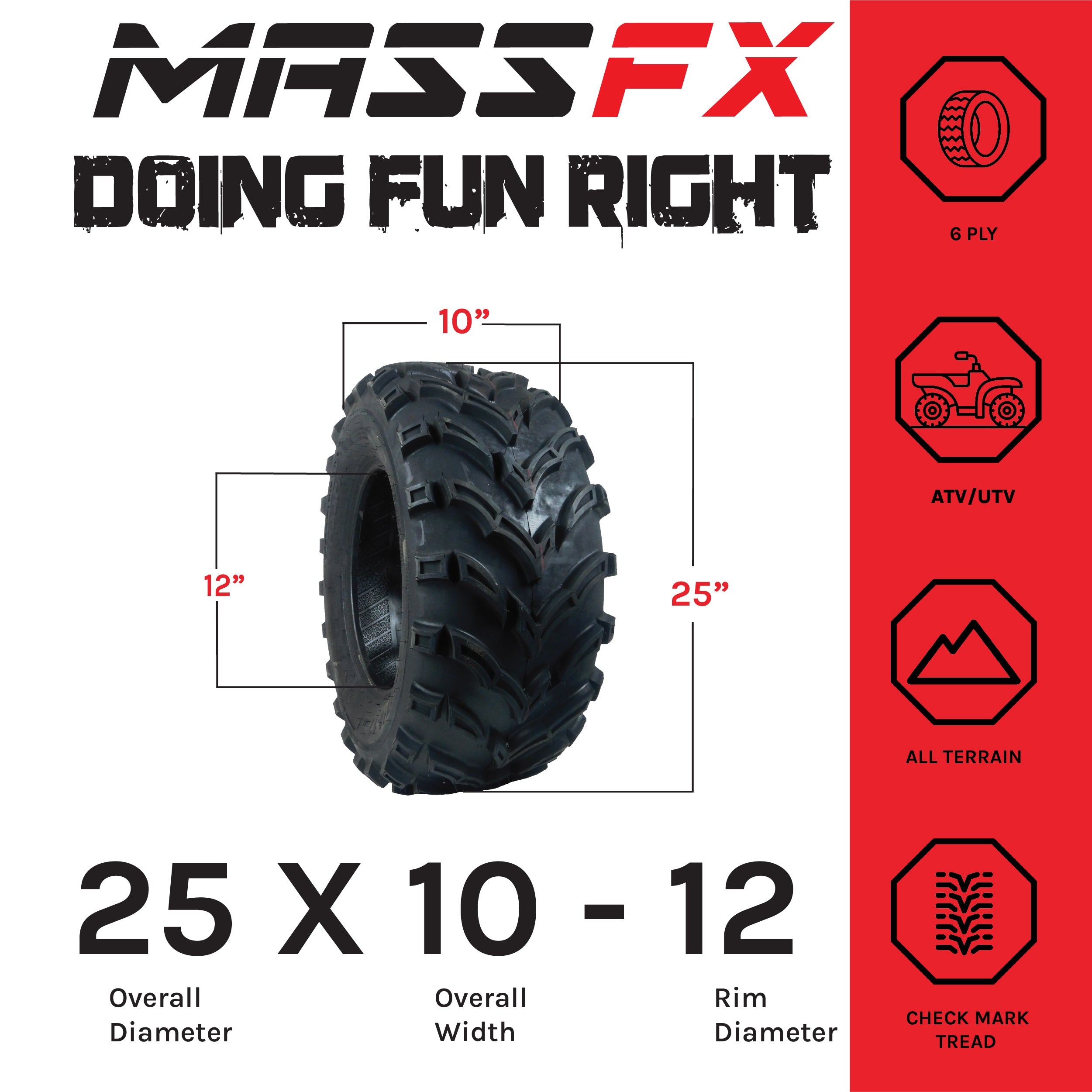 MASSFX MK251012 ATV Single Tire 25x10-12 Rear 6Ply
