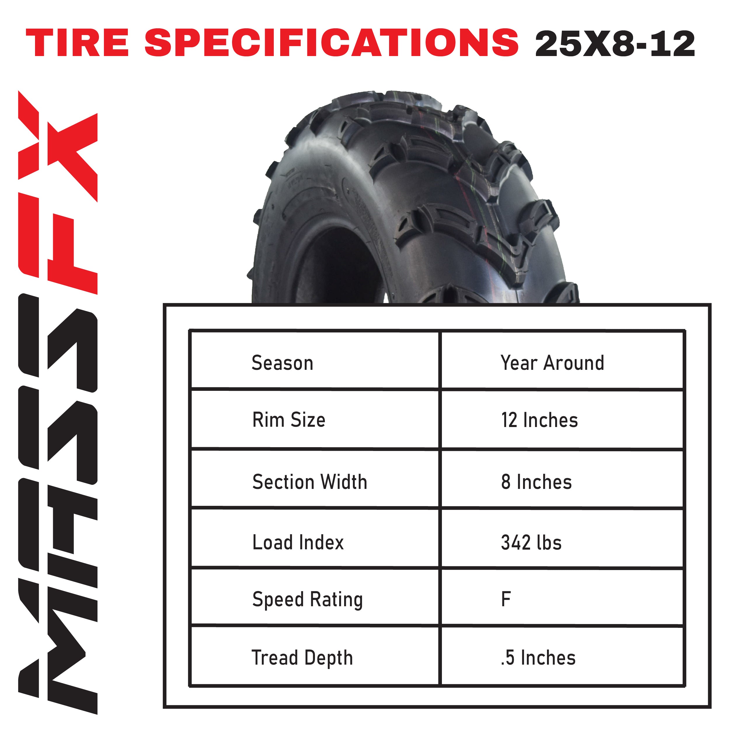 MASSFX MK25812 ATV Single Tire 25x8-12 Front 6 Ply