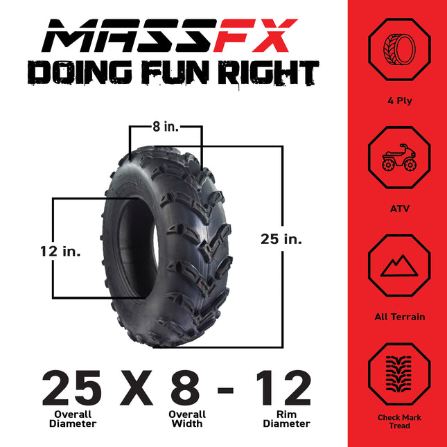 MASSFX 25x8-12 Front Tire for ATV, UTV, and SxS - 6-Ply with 1/2" Tread Depth