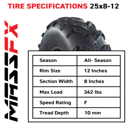 MASSFX 25x8-12 Front Tire for ATV, UTV, and SxS - 6-Ply with 1/2" Tread Depth