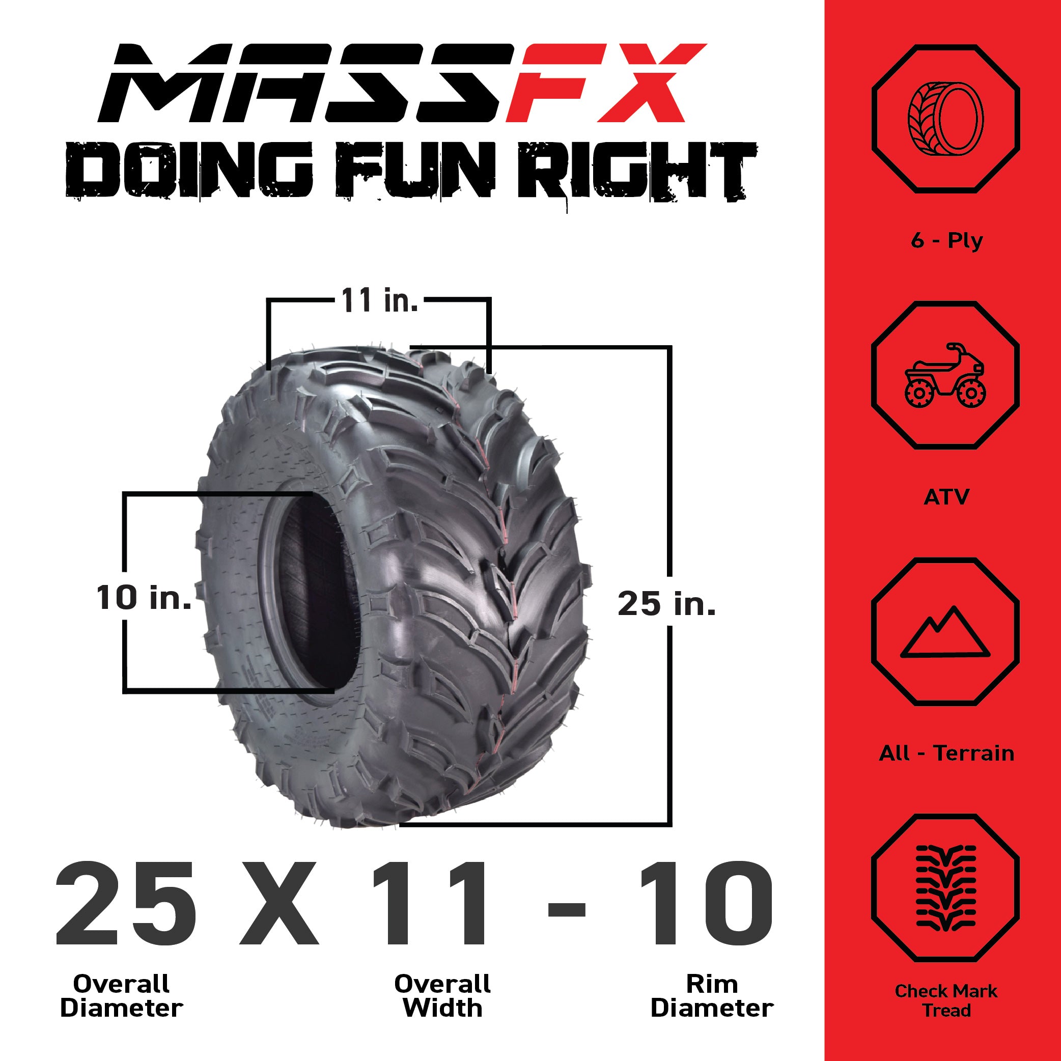 MASSFX 25x11-10 Rear Tires for ATV, UTV, & SxS-6-Ply w/ 1/2" Tread Depth (2-pk)