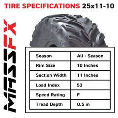 MASSFX 25x11-10 Rear Tires for ATV, UTV, & SxS-6-Ply w/ 1/2" Tread Depth (2-pk)