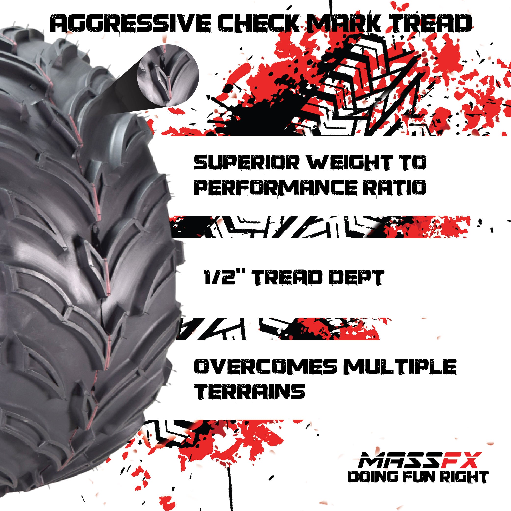 MASSFX 25x11-10 Rear Tires for ATV, UTV, & SxS-6-Ply w/ 1/2" Tread Depth (2-pk)