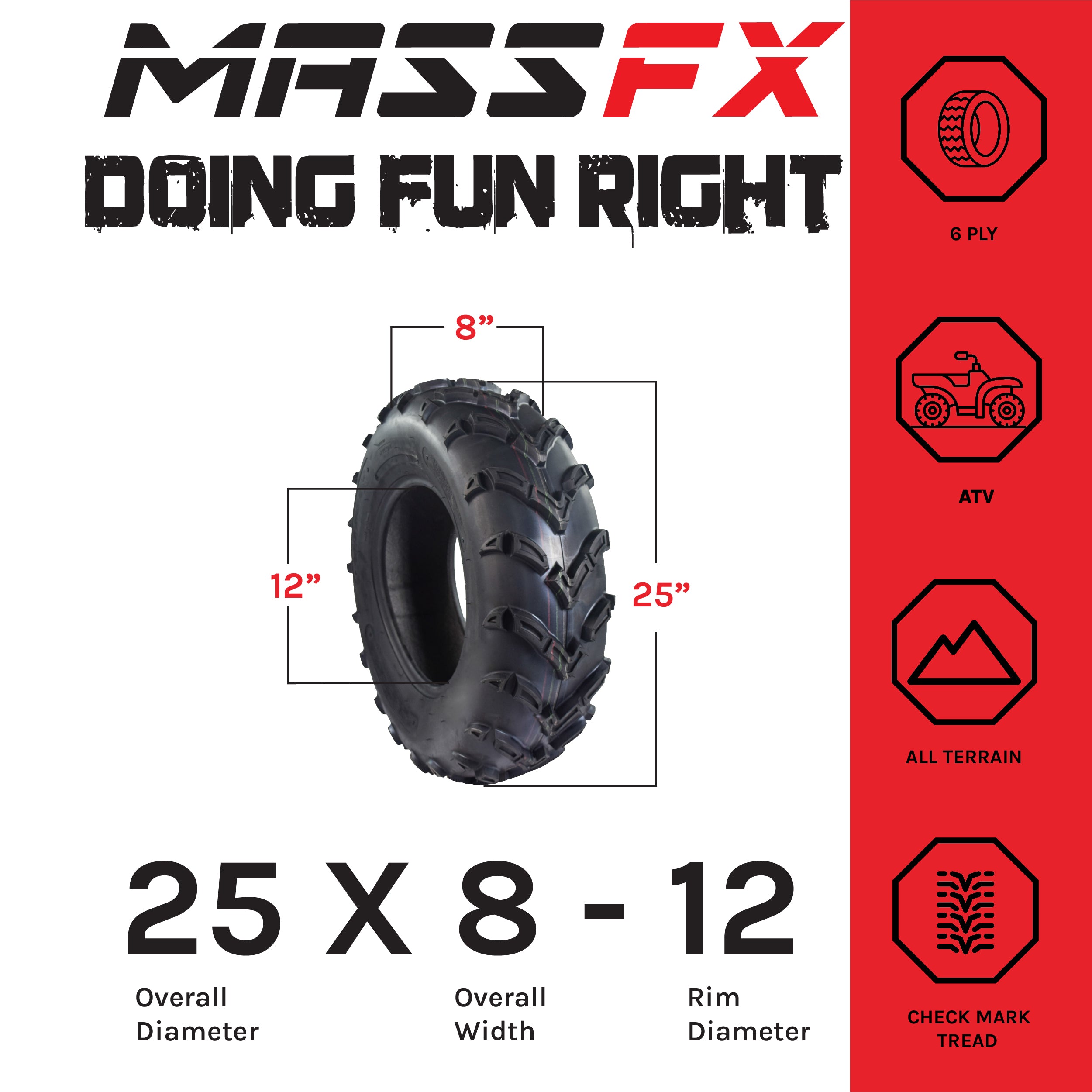 MASSFX 25x8-12 Front (2) & 25x11-10 Rear (2) Tires for ATV, UTV, & SxS (4-pk)