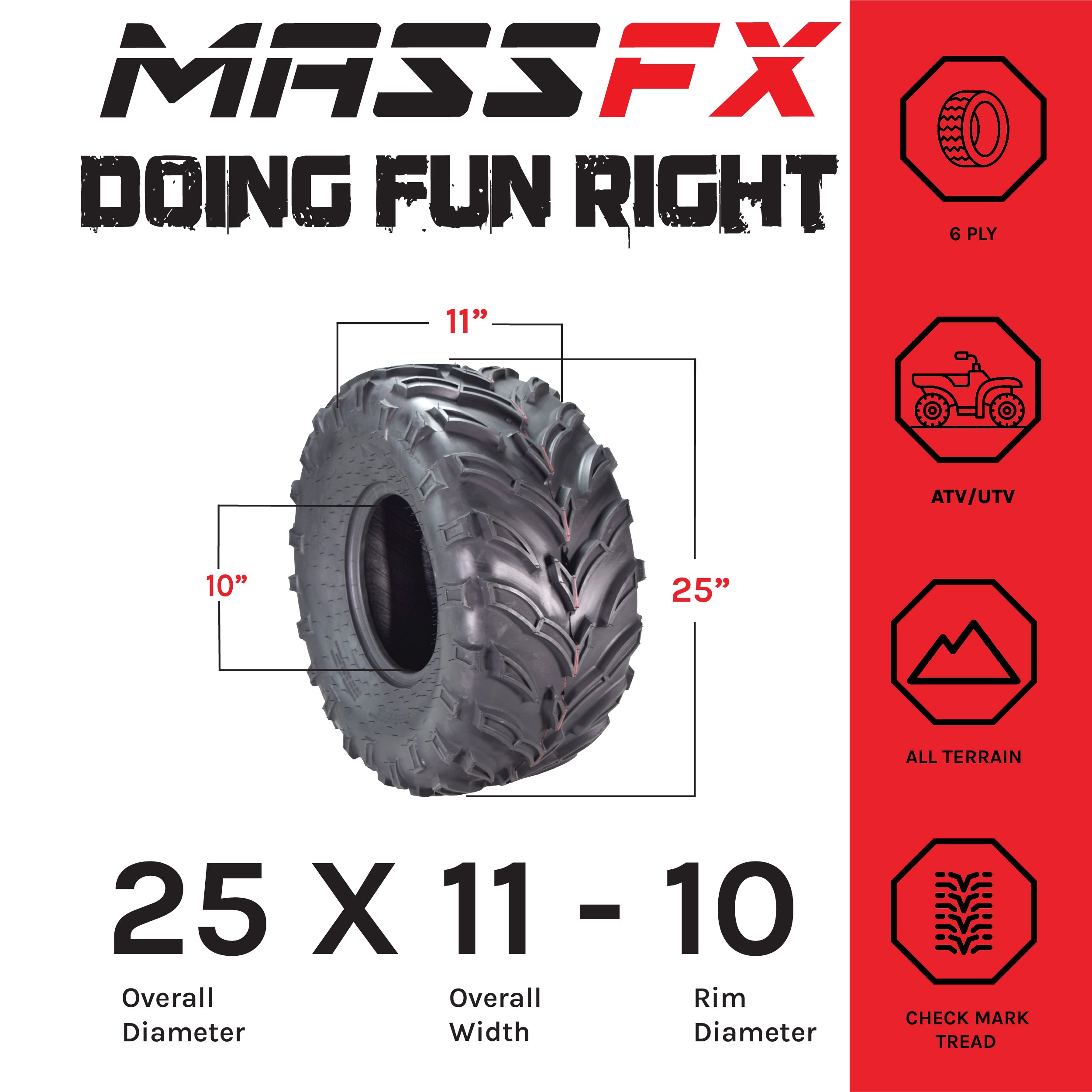 MASSFX 25x8-12 Front (2) & 25x11-10 Rear (2) Tires for ATV, UTV, & SxS (4-pk)