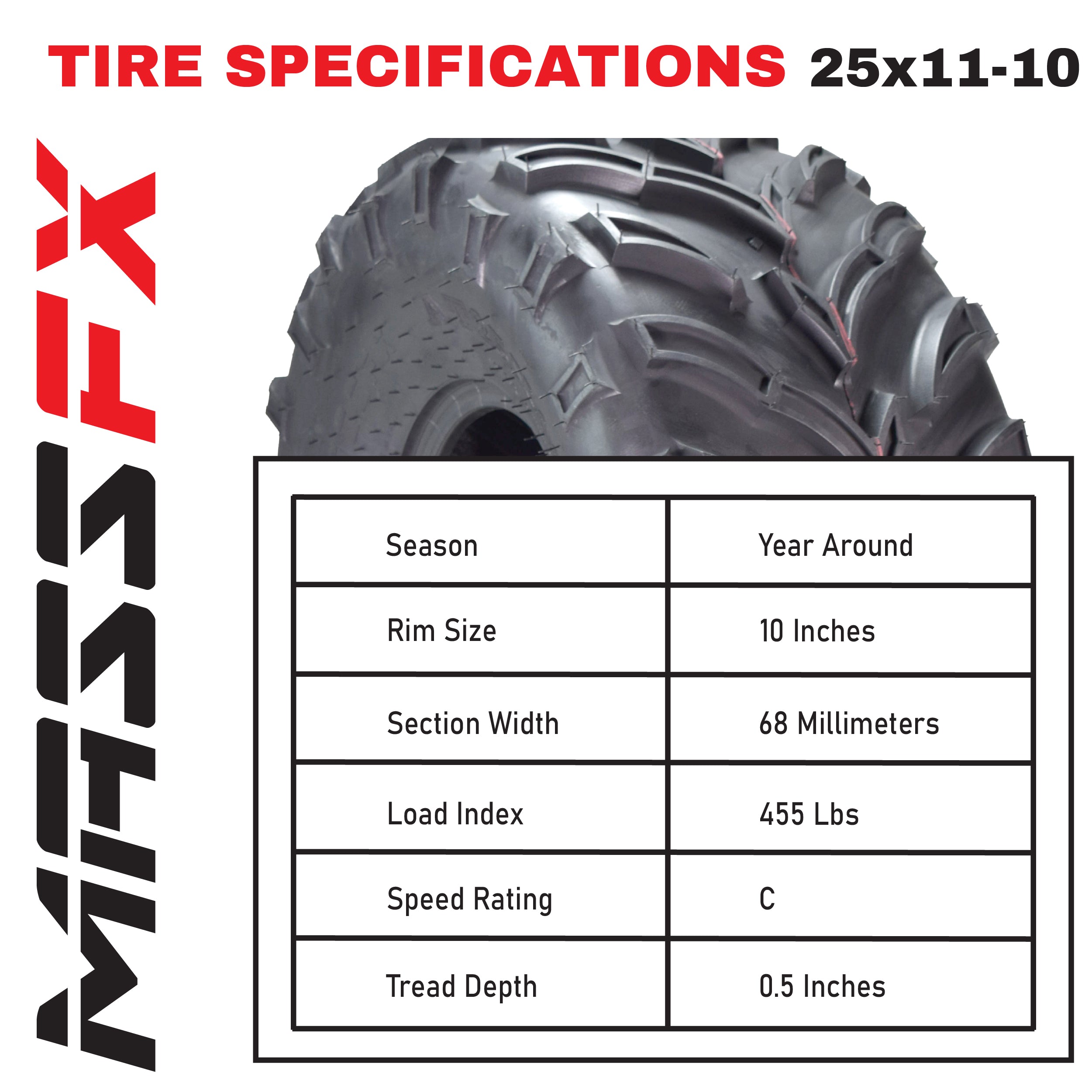 MASSFX 25x8-12 Front (2) & 25x11-10 Rear (2) Tires for ATV, UTV, & SxS (4-pk)