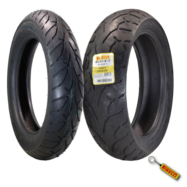 Pirelli Night Dragon 130/90B16 M/C 67H Front & 180/60B17 M/C 81H Motorcycle Cruiser Tire Set - Superior Traction and Handling for High-Performance Cruisers with Keychain