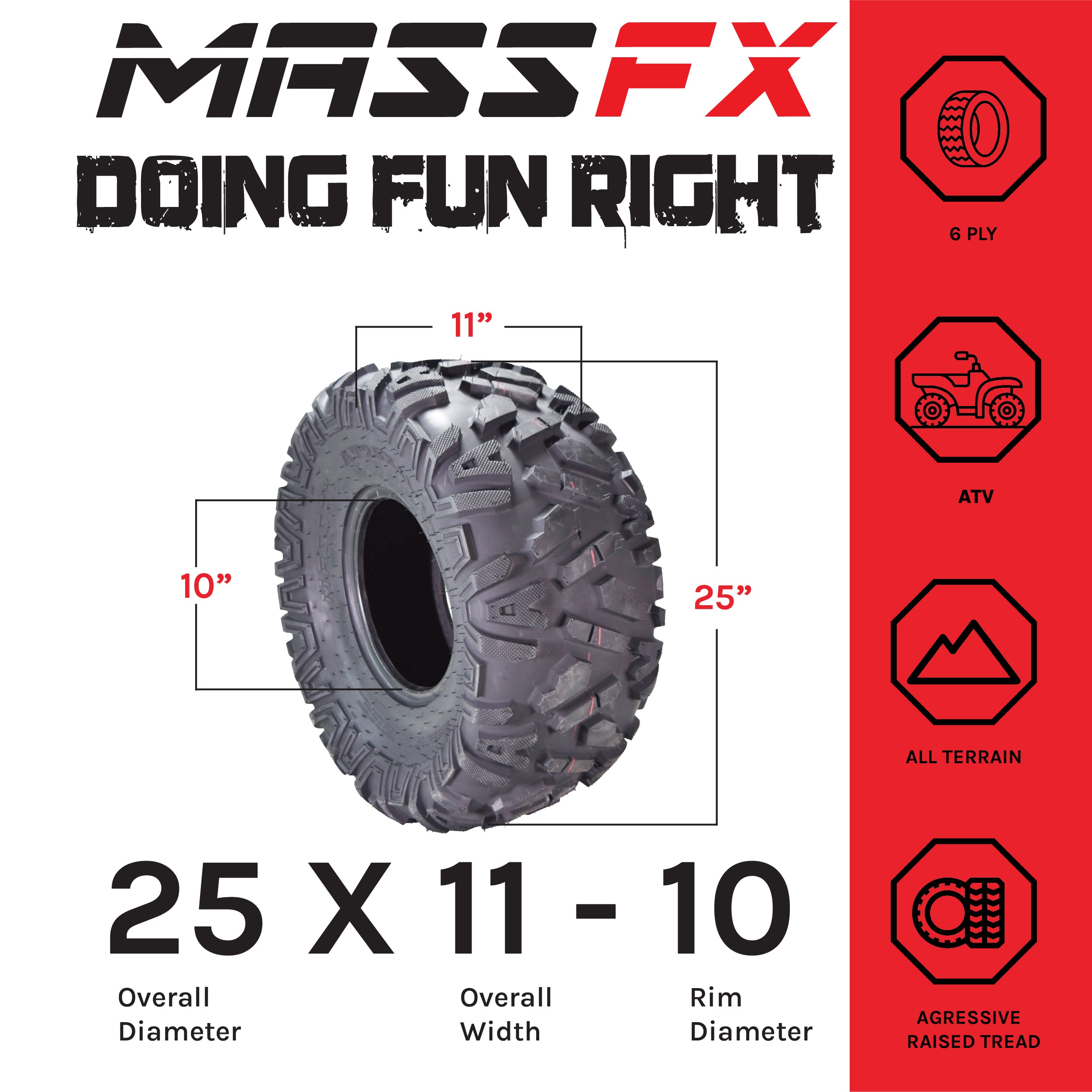 MASSFX 25x11-10 Rear Off-Road Tire ATV, UTV or SXS Tire 2 Pack