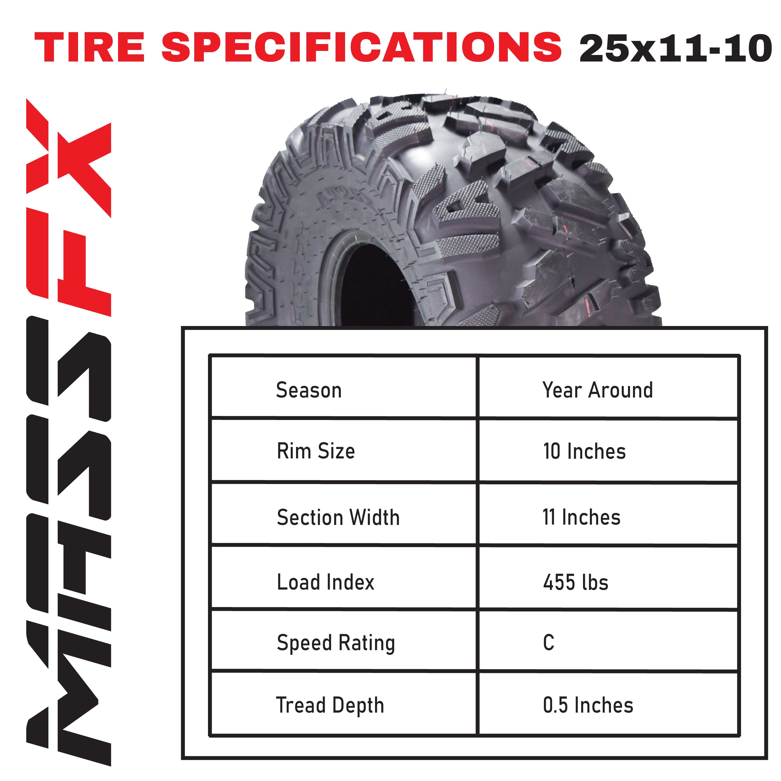 MASSFX 25x11-10 Rear Off-Road Tire ATV, UTV or SXS Tire 2 Pack