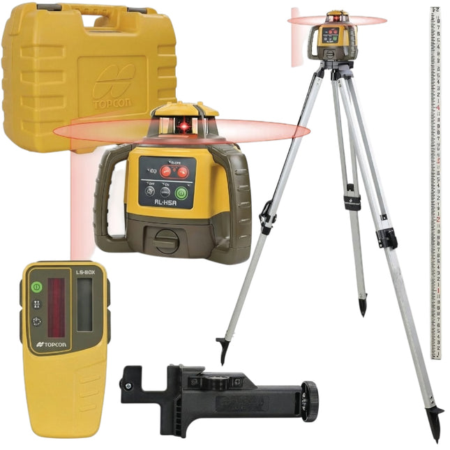 Topcon RL-H5A Horizontal Self-Leveling Rotary Laser Level Kit: LS-80X Receiver, Heavy-Duty Aluminum Tripod, 13ft Inch Grade Rod, 2600ft Range, ±1/16" Accuracy, IP66 Rated for Construction & Grading