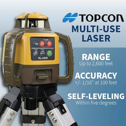 Topcon RL-H5A Horizontal Self-Leveling Rotary Laser Level Kit: LS-80X Receiver, Heavy-Duty Aluminum Tripod, 13ft Inch Grade Rod, 2600ft Range, ±1/16" Accuracy, IP66 Rated for Construction & Grading