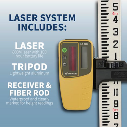 Topcon RL-H5A Horizontal Self-Leveling Rotary Laser Level Kit: LS-80X Receiver, Heavy-Duty Aluminum Tripod, 13ft Inch Grade Rod, 2600ft Range, ±1/16" Accuracy, IP66 Rated for Construction & Grading