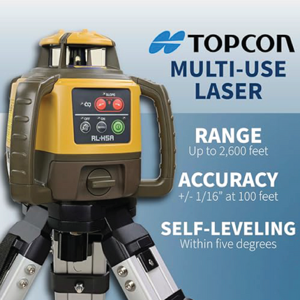 Topcon RL-H5A Horizontal Self-Leveling Rotary Laser Level Kit: LS-80X Receiver, Heavy-Duty Aluminum Tripod, 13ft Tenths Grade Rod, 2600ft Range, ±1/16" Accuracy, IP66 Rated for Construction & Grading