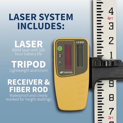 Topcon RL-H5A Horizontal Self-Leveling Rotary Laser Level Kit: LS-80X Receiver, Heavy-Duty Aluminum Tripod, 13ft Tenths Grade Rod, 2600ft Range, ±1/16" Accuracy, IP66 Rated for Construction & Grading