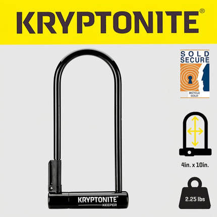 Kryptonite Keeper Bike U-Lock, Anti-Theft Security Bicycle U Lock, Sold Secure Silver, 12mm Steel Shackle with Mounting Bracket and Keys, High Security Lock for Bicycles E-Bike, Scooters, Black