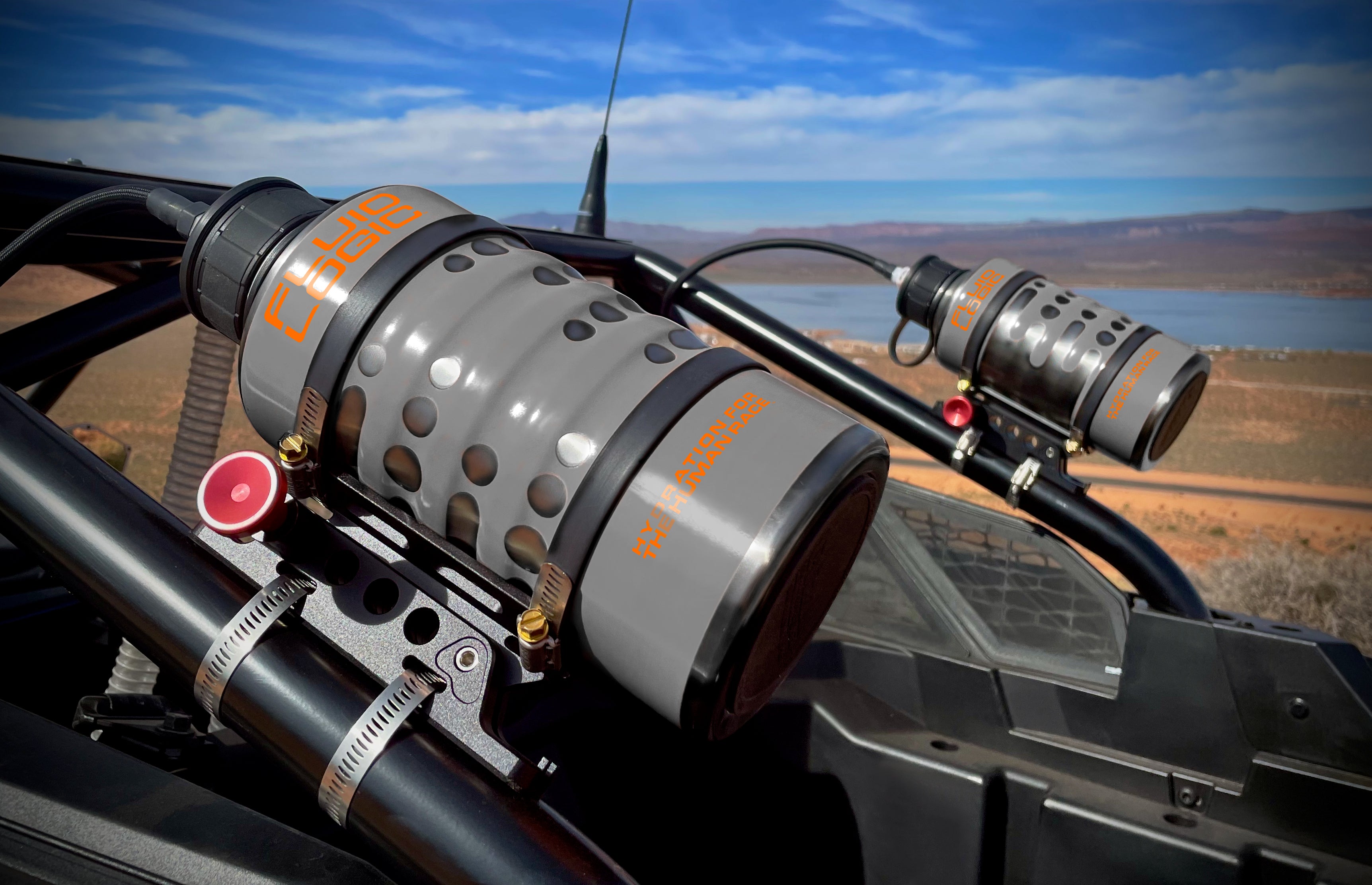 FluidLogic Wave Complete Hydration System with Wide Mouth, Stainless Steel Bottle (32oz) - Universal Rollbar Mount & Hardware for UTV & Offroad Vehicles w/ Keychain