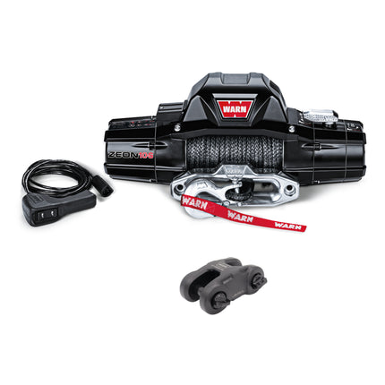 Warn ZEON 10-S 12V Electrical Utility Winch with 100 ft of 3/8 in Spydura Synthetic Rope & 10,000 lbs. for Trucks & SUVs - Includes Wired Remote and EPIC Dual Pin "H" Shape Shackle Hyperlink (89611)