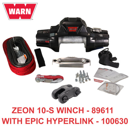 Warn ZEON 10-S 12V Electrical Utility Winch with 100 ft of 3/8 in Spydura Synthetic Rope & 10,000 lbs. for Trucks & SUVs - Includes Wired Remote and EPIC Dual Pin "H" Shape Shackle Hyperlink (89611)