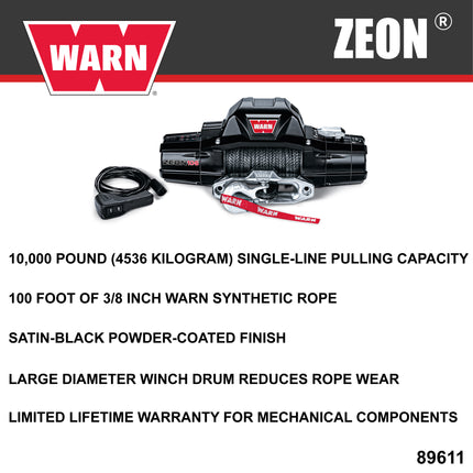 Warn ZEON 10-S 12V Electrical Utility Winch with 100 ft of 3/8 in Spydura Synthetic Rope & 10,000 lbs. for Trucks & SUVs - Includes Wired Remote and EPIC Dual Pin "H" Shape Shackle Hyperlink (89611)