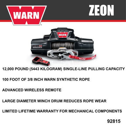 Warn ZEON 10-S Platinum 12V Electrical Utility Winch with 100 ft of 3/8 in Spydura Synthetic Rope & 10,000 lbs. - Includes Wireless Remote and EPIC Dual Pin "H" Shape Shackle Hyperlink (92815)