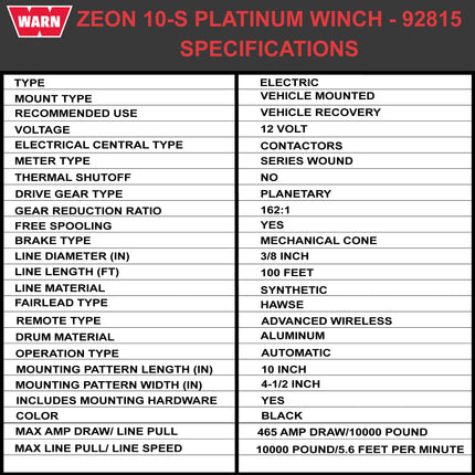 Warn ZEON 10-S Platinum 12V Electrical Utility Winch with 100 ft of 3/8 in Spydura Synthetic Rope & 10,000 lbs. - Includes Wireless Remote and EPIC Dual Pin "H" Shape Shackle Hyperlink (92815)