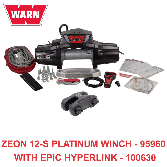 Warn ZEON 12-S Platinum 12V Electrical Utility Winch with 80 ft of 3/8 in Spydura Synthetic Rope & 12,000 lbs. - Includes Wireless Remote and EPIC Dual Pin "H" Shape Shackle Hyperlink (95960)