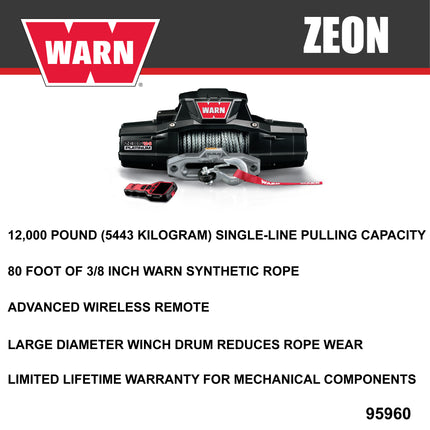 Warn ZEON 12-S Platinum 12V Electrical Utility Winch with 80 ft of 3/8 in Spydura Synthetic Rope & 12,000 lbs. - Includes Wireless Remote and EPIC Dual Pin "H" Shape Shackle Hyperlink (95960)