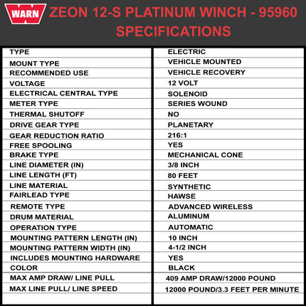 Warn ZEON 12-S Platinum 12V Electrical Utility Winch with 80 ft of 3/8 in Spydura Synthetic Rope & 12,000 lbs. - Includes Wireless Remote and EPIC Dual Pin "H" Shape Shackle Hyperlink (95960)