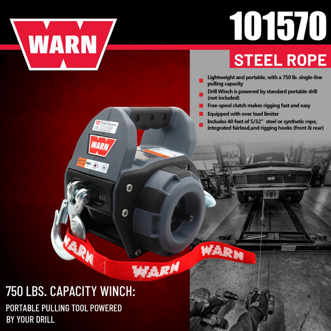 WARN Drill Winch 750 lb Capacity Portable Drilling Winch with 30 ft Steel Rope, Fairlead, Hook – Corded Electric Drill Powered Pulling Winch for Trucks, ATVs, UTVs, Trailers, & Off-Road Recovery