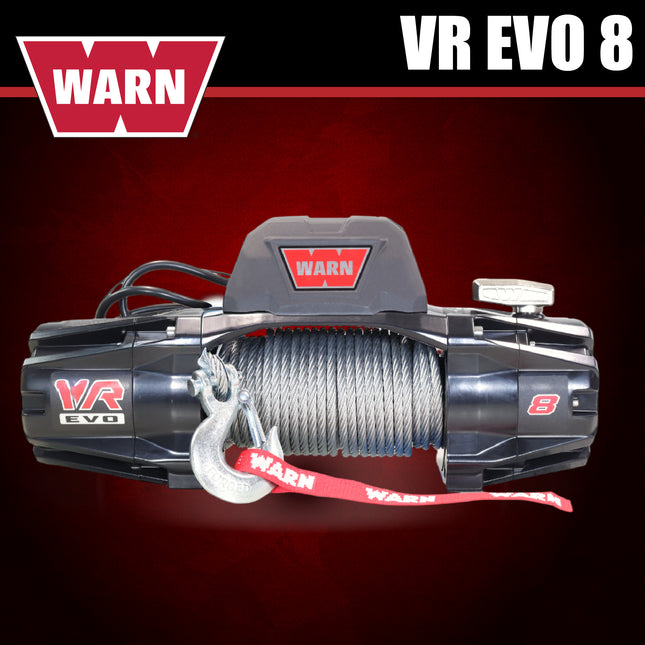 WARN VR EVO 8 Standard Duty Electric Winch for  2-door Jeeps and lighter SUVs , 12V DC, 8,000 lb Line Pull, 90 ft Steel Cable with Roller Fairlead, IP68 Waterproof, Series-Wound Motor.