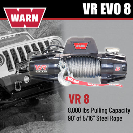 WARN VR EVO 8 Standard Duty Electric Winch for  2-door Jeeps and lighter SUVs , 12V DC, 8,000 lb Line Pull, 90 ft Steel Cable with Roller Fairlead, IP68 Waterproof, Series-Wound Motor.