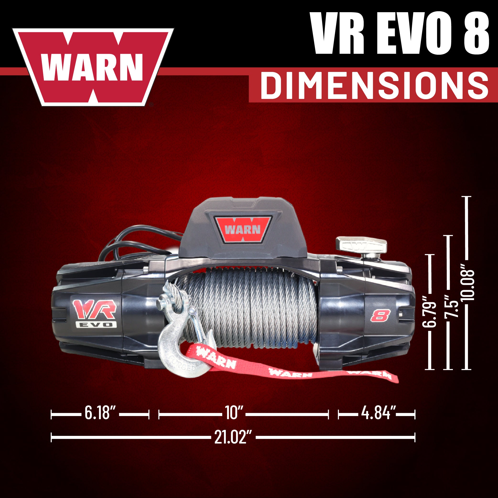 WARN VR EVO 8 Standard Duty Electric Winch for  2-door Jeeps and lighter SUVs , 12V DC, 8,000 lb Line Pull, 90 ft Steel Cable with Roller Fairlead, IP68 Waterproof, Series-Wound Motor.