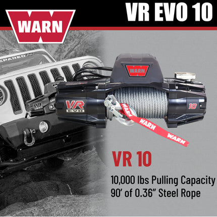 WARN VR EVO 10 Standard Duty Electric Winch for 1/2-ton pickups, Jeeps, and larger SUVs, 12V DC, 10,000 lb Line Pull, 90 ft Steel Cable with Roller Fairlead, Relocatable Control Pack.