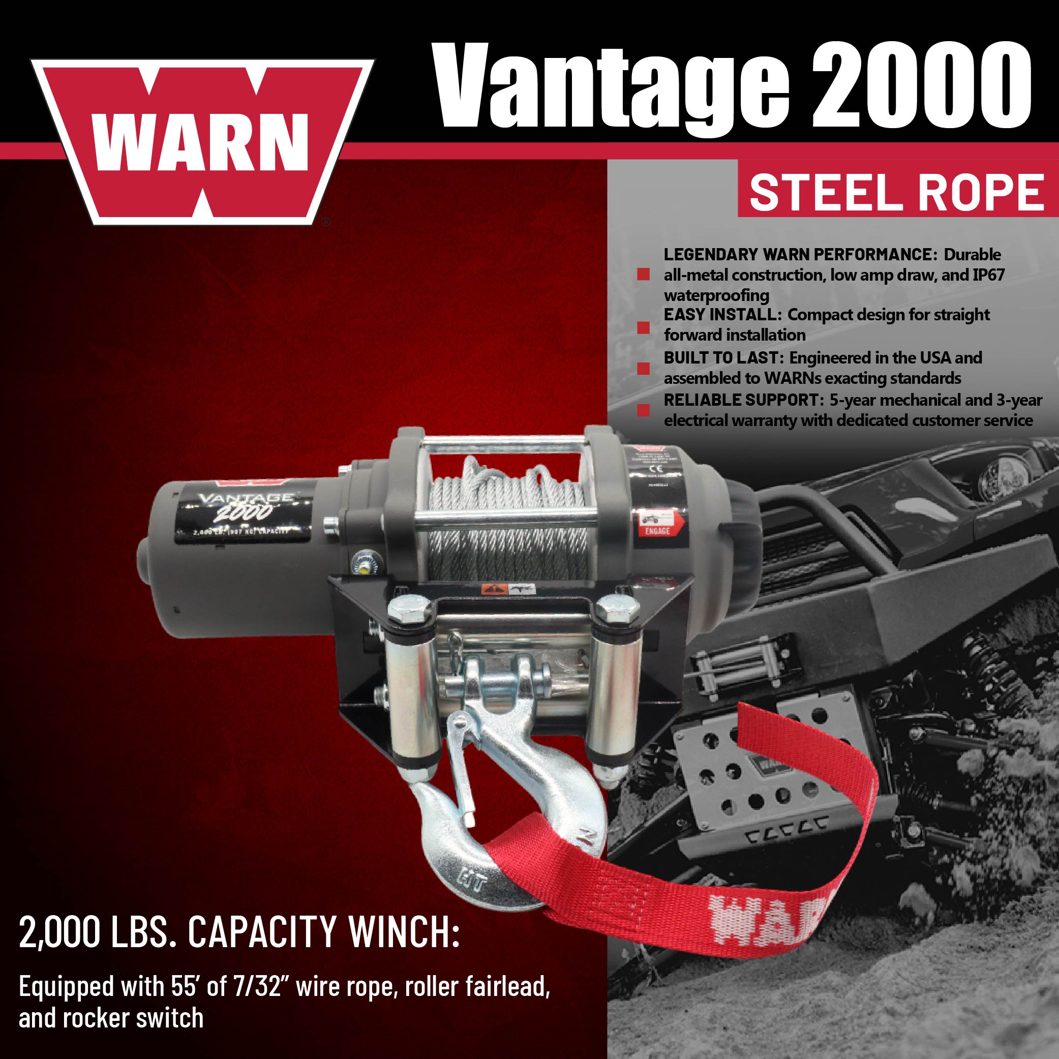 WARN Vantage 2000 12V DC Electric Winch for ATV UTV Side-by-Side - 2000 lb Pulling Capacity, 55 Ft Steel Wire Rope, Fully Sealed Motor, Planetary Gear System, Roller Fairlead (Model 108212)