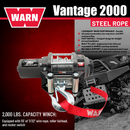 WARN Vantage 2000 12V DC Electric Winch for ATV UTV Side-by-Side - 2000 lb Pulling Capacity, 55 Ft Steel Wire Rope, Fully Sealed Motor, Planetary Gear System, Roller Fairlead (Model 108212)