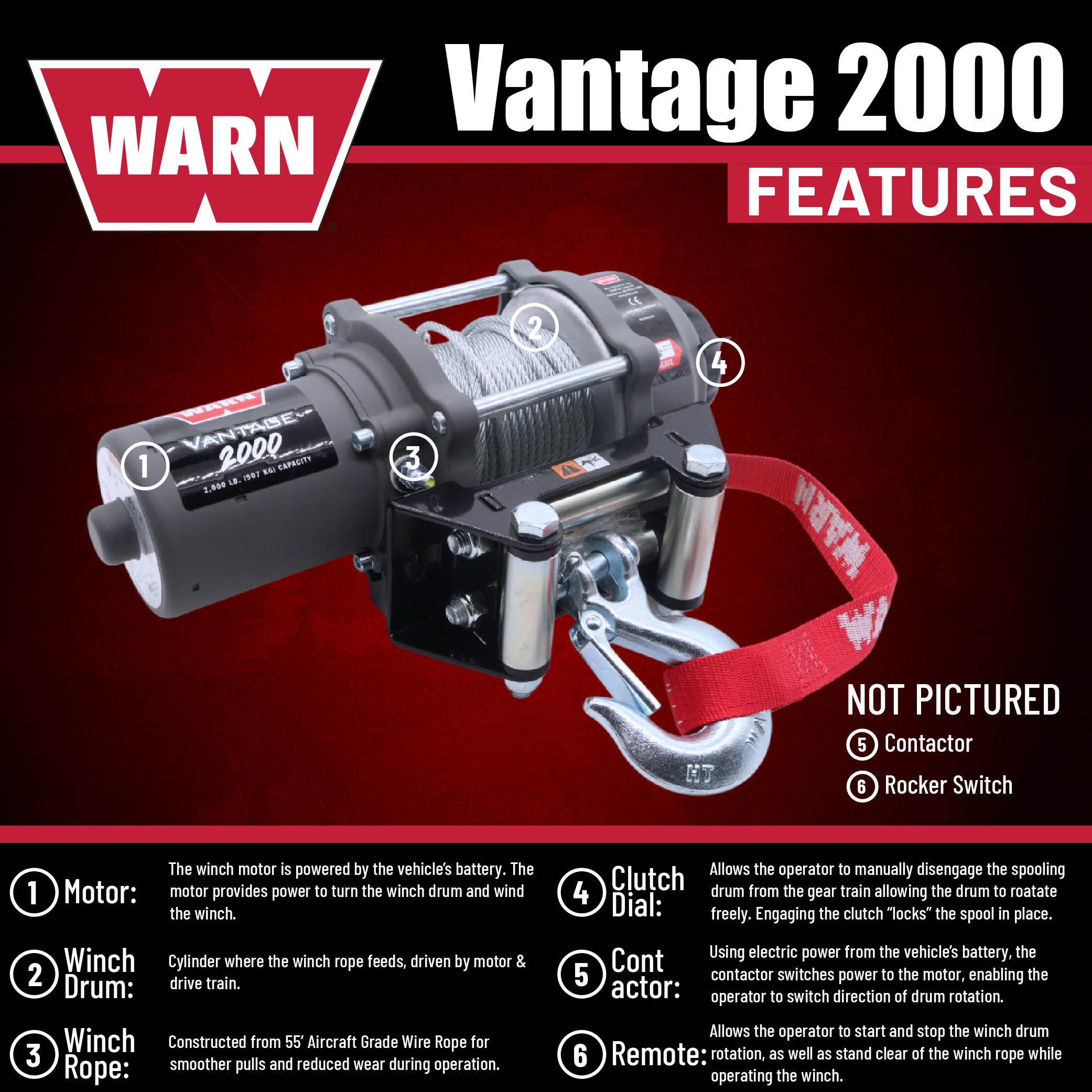 WARN Vantage 2000 12V DC Electric Winch for ATV UTV Side-by-Side - 2000 lb Pulling Capacity, 55 Ft Steel Wire Rope, Fully Sealed Motor, Planetary Gear System, Roller Fairlead (Model 108212)
