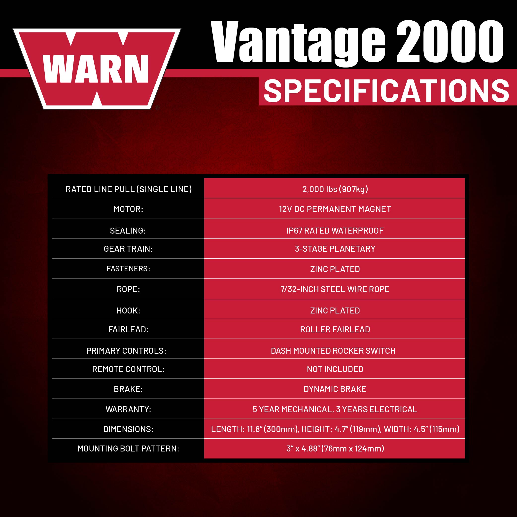 WARN Vantage 2000 12V DC Electric Winch for ATV UTV Side-by-Side - 2000 lb Pulling Capacity, 55 Ft Steel Wire Rope, Fully Sealed Motor, Planetary Gear System, Roller Fairlead (Model 108212)