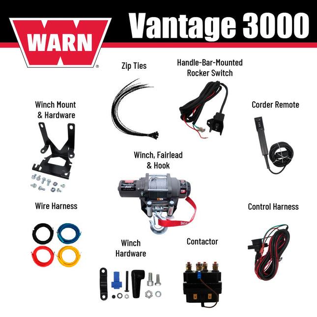 WARN Vantage 3000 Winch and Mount Kit(108213 100380) for Honda TRX Foreman, Rancher, & Rubicon Models (2014-2025) - Durable Black Powder Coated Steel Mount Compatible with ProVantage & Vantage Winches