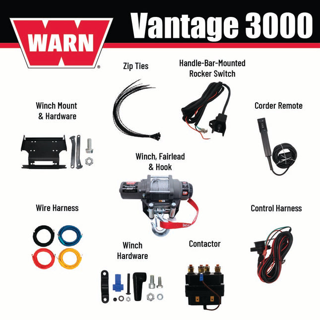 WARN  Vantage 3000 Winch with 3000 lb Pulling Power and WARN  Winch Mounting Kit for 2019–2022 Honda Talon 1000X/1000R UTVs (108213 102600)